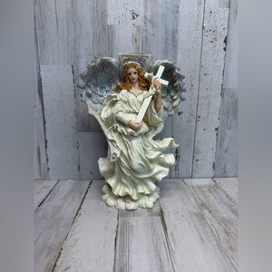 Vintage Angel Figurine Holding Cross Religious Decor Resin Statue White Silver